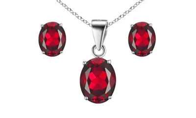 925 Sterling Silver Ruby Oval Cut Pendant Necklace and Earring Set For Women - Image 1 of 4