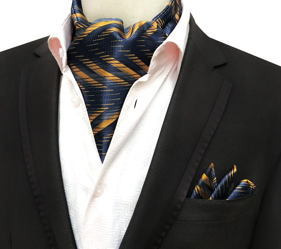Juego clásico de pañuelo de corbata de seda a rayas azul amarillo plata Ascot para hombre Foto 1 de 1