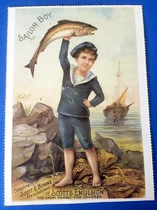 Postal "Scotts Aceite de Hígado de Bacalao" Repro Tarjeta Comercial Infantil Marinero con Peces - Imagen 1 de 2