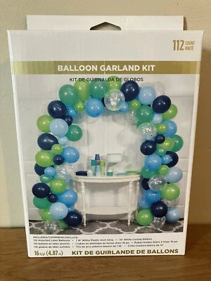 110 Count BALLOON GARLAND KIT - Blue, Green, Clear - w/Arch Strip & Ribbon - Image 1 of 4