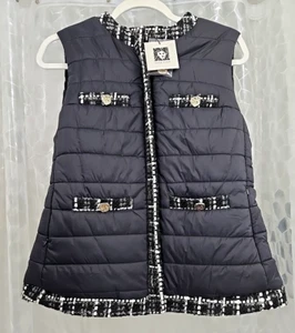NEW Anne Klein Tweed Trimmed Puffer Vest Black Side Pockets Size Medium w Tags - Picture 1 of 6