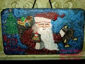 SANTA CLAUS y oso de peluche Arturo E. Reyna pintado en pizarra de cien años firmado - Imagen 1 de 7