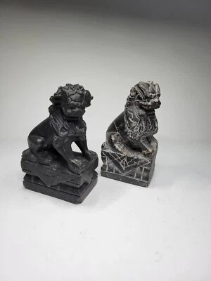 Chinese Hand Carved Black Stone Foo Fu Dog / Lion Figurines Pair Vintage  - Image 1 of 4