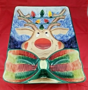 Clay Art Holiday Reindeer Hand Painted Chip Dip Platter Serving Platter 15"x12" - Picture 1 of 8