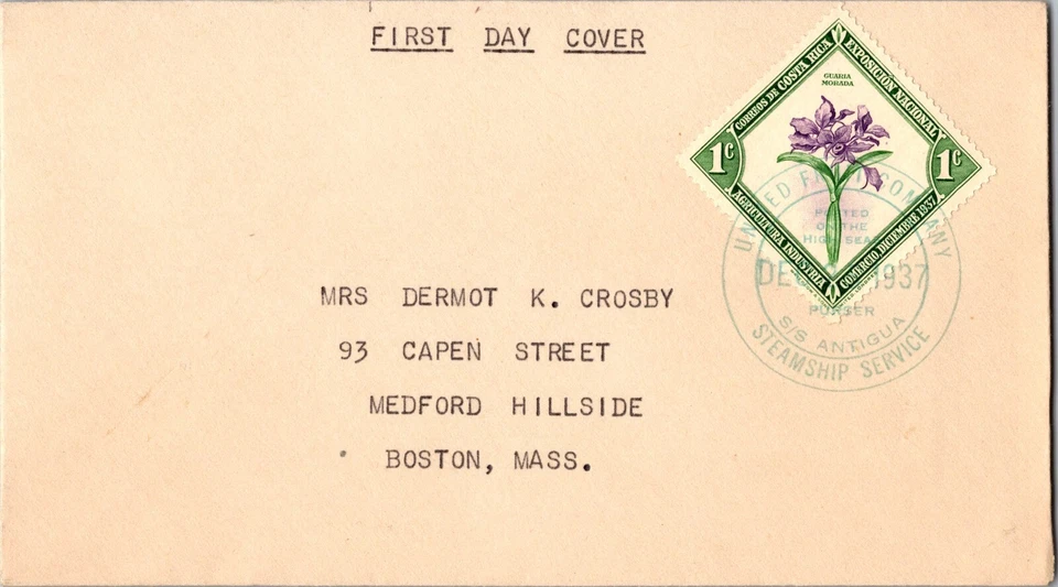1937 Costa Rica SS Antigua United Fruit Company UFC Cubierta a EE. UU. Boston MA FDC Foto 1 de 2