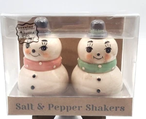 NIB Johanna Parker Snowman Salt & Pepper Shakers Retro Style Pink Mint Transpac - Picture 1 of 1
