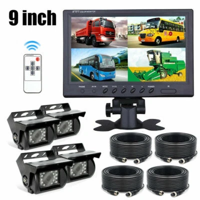 9" Quad Monitor 4 PIN 4x Rear View Backup Camera System For Trailer Truck RV AG - Image 1 of 4