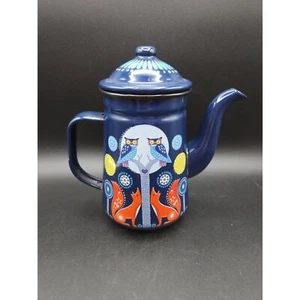 Folklore Wild & Wolf Enamel Teapot Night & Day Owls and Foxes Dark Blue Night - Picture 1 of 7