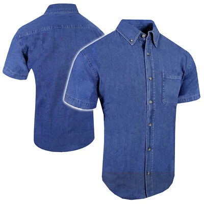 Denim Shirt Mens Short Sleeve Blue Wash Button Down Collar Pocket Western S-4X - Image 1 of 4