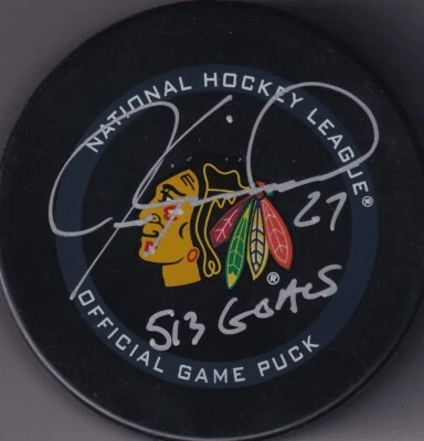 BECKETT JEREMY ROENICK 513 GOALS SIGNED CHICAGO BLACKHAWKS REAL GAME PUCK P33916 - Image 1 of 2