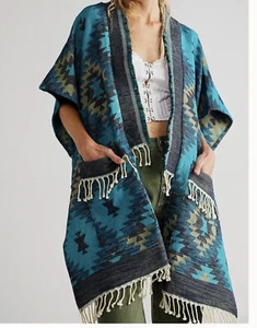 194 Free People Mystic Geo Blanket Poncho Soft Woven Cotton -one Size New - Picture 1 of 7