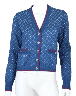 CHANEL 20P Blue & White Cotton CC Matelasse Knit Cardigan Sweater 38 - Image 1 of 4