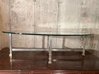 Maison Jansen Style Oval Iron And Brass Glass Top Coffee Table - Image 1 of 4