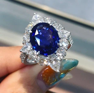 Beautiful Vivid Blue Oval Cut 5.CT Sapphires & Lab-Created Diamonds Cluster Ring - Picture 1 of 5