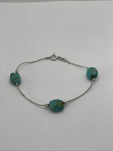925 Sterling Silver Turquoise Stone Dainty Bracelet 6.5” - Picture 1 of 6