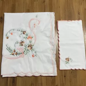 JUEGO de mantel floral bordado vintage y 8 servilletas, lino blanco, shabby chic - Imagen 1 de 11
