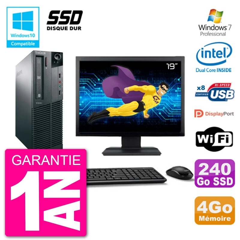 PC LENOVO M82 SFF Pantalla 19" G2020 RAM 4Go SSD 240Go Grabador DVD Wifi W7 - Imagen 1 de 1