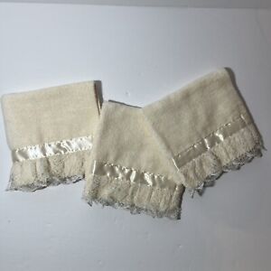 New Satin & Lace Trimmed Bathroom Soft Washcloths  - Set Of 3 Ivory Color