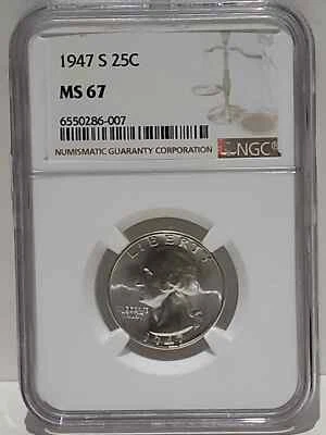 1947-S  25C WASHINGTON SILVER QUARTER  NGC MS67 - Image 1 of 2