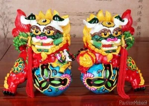 Pair Chinese Porcelain Lion Statue Evil Guardian Door Fu Foo Dog Feng Shui Decor - Picture 1 of 7