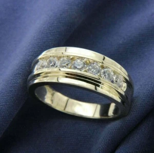1 CTW Moissanite Eternity Round Men's Wedding Band Ring 14K Yellow Gold Plated - Picture 1 of 9