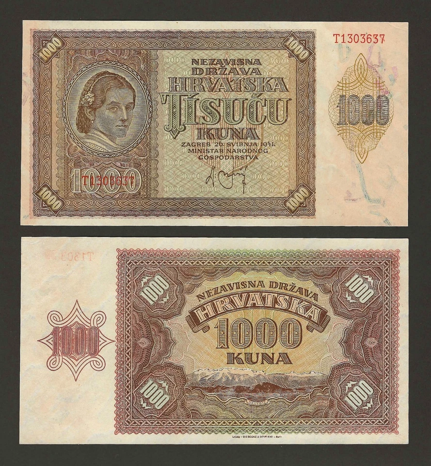 CROATIA 1000 Kuna 1941, P-4, Original UNC, G&D Print, Handsome Original. - Image 1 of 1