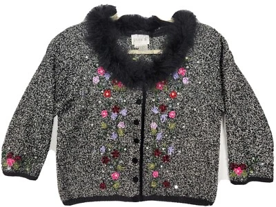Suéter vintage Just B para mujer negro gris jaspeado lentejuelas cuentas con cuello de plumas M Foto 1 de 4