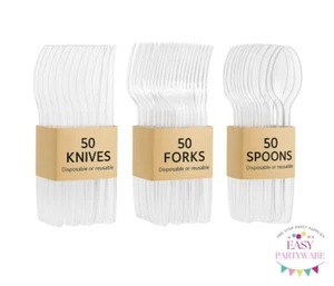 150 Disposable Plastic Cutlery Spoons Forks Knives Heavy Duty Cutlery - Reusable - Picture 1 of 3