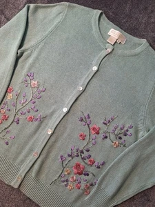 Maurada Bestickte Knopfleiste Strickjacke Pullover Damen M Seafoam Grün Blumen... - Bild 1 von 6