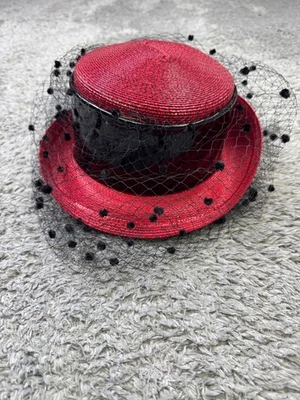 Frank Olive Straw Hat Neiman-Marcus Red Fedora Whimsigoth Church Wedding Vtg 70s - Image 1 of 4