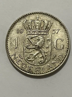👀NEDERLAND 1957 1 GULDEN SILVER COIN HIGH GRADE SCARCE ANTIQUE 👀 - Image 1 of 2