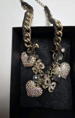 Betsey Johnson Necklace Hearts/Ribbon Rhinestones -Vintage  - Image 1 of 4