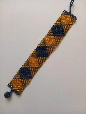 Zulu beaded Bracelet  Handmade by Zulu Ladies South African Gold and Dark Blue - Image 1 of 4
