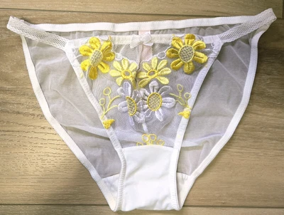 Vintage Victoria's Secret Sheer Mesh Embroidered Floral String Bikini Panties S - Image 1 of 3