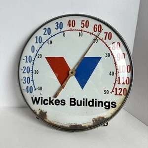 VINTAGE 1960s WICKES BUILDINGS THERMOMETER GLASS FACE METAL BODY 12" FAIR COND - Picture 1 of 10