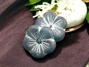 21mm Silver Washed Etched Teal Blue Hibiscus Flower Czech Glass Beads 2 Beads - Picture 1 of 4