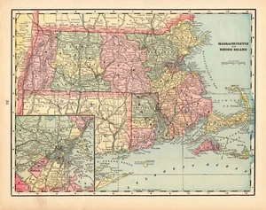 1894 Antique MASSACHUSETTS State Map George Cram Map of RHODE ISLAND 9670 - Picture 1 of 3