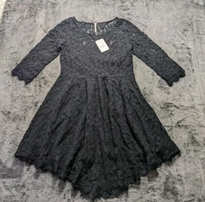 Free People 3/4 Sleeve Floral Leaf Design Lace Dress Women's Size 10 Black - Image 1 of 4