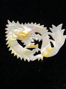 Vintage Mother Of Pearl Hand Carved Dragon Brooch Pin Intricate Detail Ornate