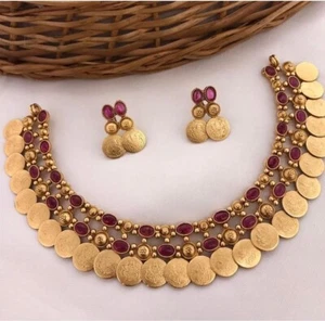 Indian Bollywood South jewelery Gold Plated Temple Necklace Choker Jewelry Set - Picture 1 of 2