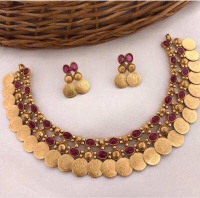 Conjunto de gargantilla collar templo chapado en oro joyería sur de Bollywood indio Foto 1 de 2