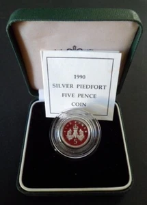 Moneda de cinco peniques Piedfort 1990 The Royal Mint prueba de plata 5 peniques en estuche con certificado de autenticidad - Imagen 1 de 6
