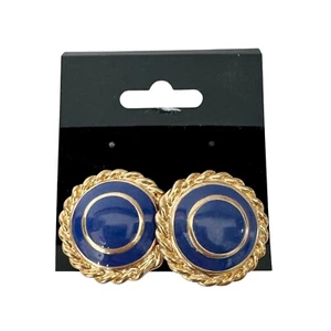 Pendientes de clip vintage TRIFARI azul cobalto cabujón tono oro amarillo - Imagen 1 de 3