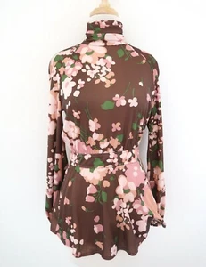 vtg MISS BULLOCK floral print jersey top sz 8 draped turtleneck - Picture 1 of 4