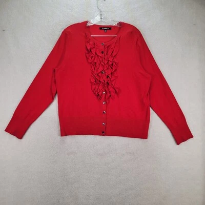 Cárdigan moderno suéter para mujer Chaus talla L rojo mezcla de seda escote con volantes Foto 1 de 4