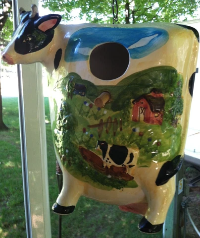 WCL Hanging 8" Tall Ceramic Cow Bird House With Farm Scene - Very Unique! Cover