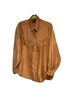 Margo’s Womens Silk Cowgirl Blouse Large Copper Rust Country Western Fringe LS - Picture 1 of 6