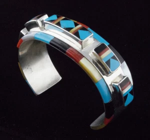 Multi Stone Inlay Bracelet With Raised Center Row By Zuni Artist Ophelia Panteah - Picture 1 of 5