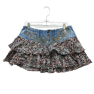 NWT Express Mini Skirt Women's Size 4 - Denim Stud Bedazzled Floral Ruffle - Picture 1 of 13