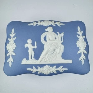 Jasperware Japan Lidded Jewelry Trinket Box Blue 5.5in Woman Cherub Vanity - Picture 1 of 19